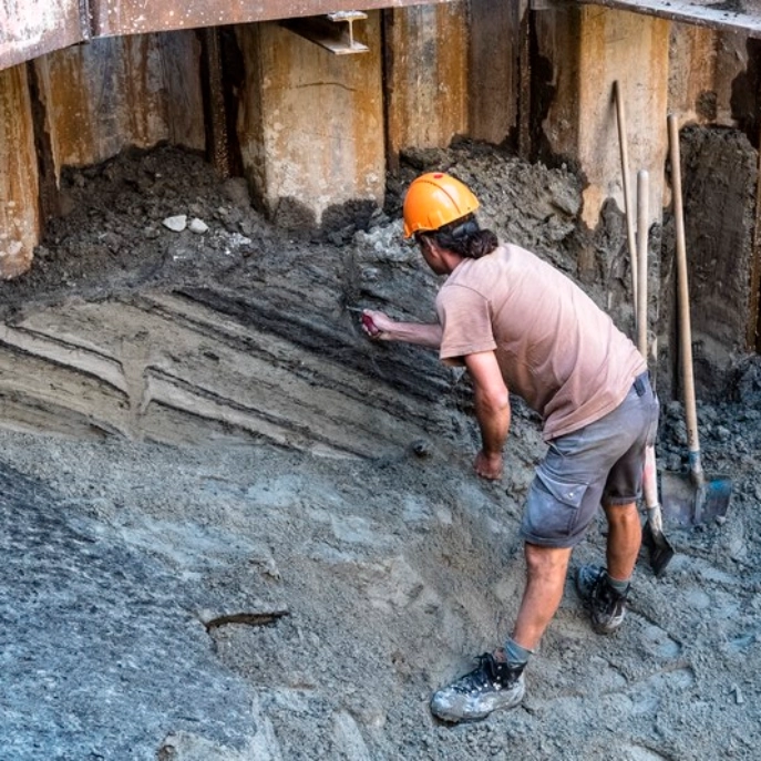 Mitarbeitender der Archäologie bei einer Baustelle auf der Schützenmatt in Zug